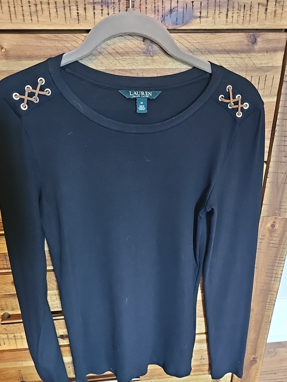 Lauren Ralph Lauren Black Long-Sleeve Top with Lace-Up Shoulder Details